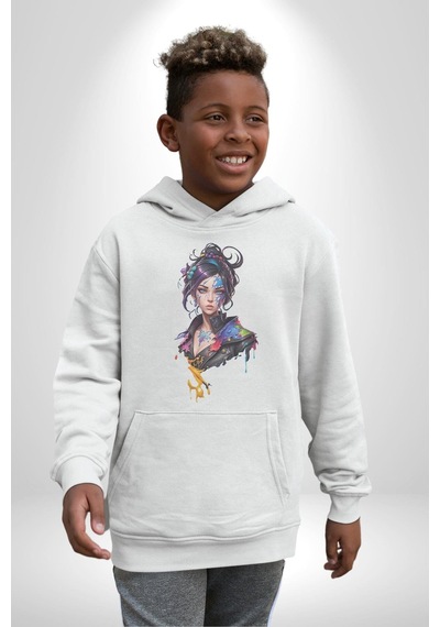 Süper Robot Kız Sulu Boya Kadın Erkek Beyaz Kapüşonlu Sweatshirt Hoodie Beyaz