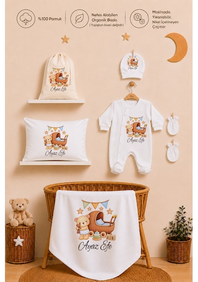 Pia Baby Erkek Bebek Yeni Doğan Hastane Çıkışı %100 Pamuk İsme Özel Tulum Seti Battaniye Yastık Kılıfı Kese 2018tybkyx Krem