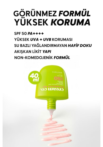 Cream Co. Pink Ton Eşitleyici Leke Karşıtı ve Aydınlatıcı Koruyucu Güneş Kremi SPF50 40 ML