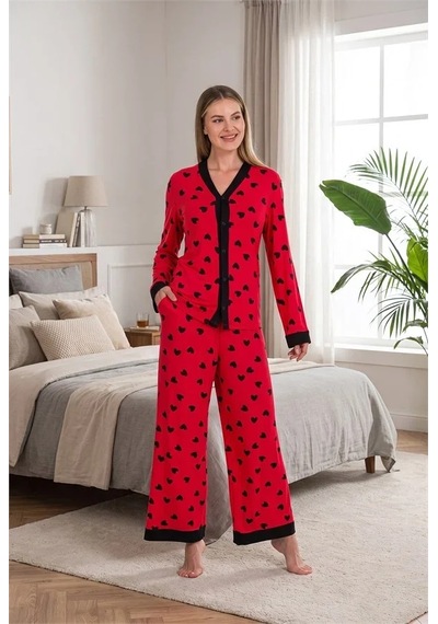 Go İthalat Kadın Şık Tasarım Desenli Geniş Paçalı Yumuşak Dokulu Viskon Kumaş Düğmeli 2'li Pijama Takımı Kırmızı
