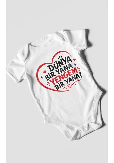 Morivokids Dünya Bir Yana Yengem Bir Yana Kısa Kollu Bebek Body %100 Pamuk Beyaz