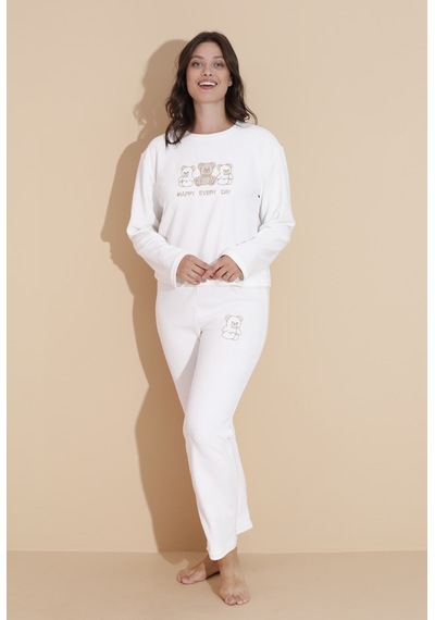 Wordex Mr 9010 Havlu Kumaş Ayıcık Nakışlı Kışlık Kadın Eşofman Pijama Takımı Beyaz