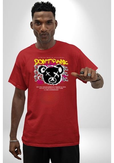 Panik Yok Teddy Pamuklu Bisiklet Yaka Unisex Oversize Boyfriend Dijital Baskılı Kırmızı T-shirt Kırmızı