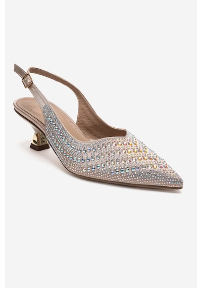 Luvishoes Royale Bej Saten Taşlı Kadın Kısa Topuklu Abiye Ayakkabı