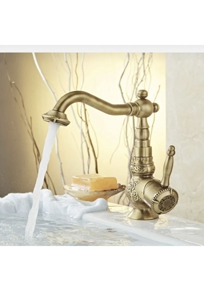 İsaoğlu Yapı Eskitme Lavabo Bataryası Antik Lavabo Musluğu İşlemeli Vintage Tasarım Banyo Musluğu Antik