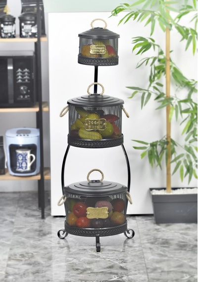 Metal Standlı 3 Katlı Delikli Patates Soğan Sarımsak Kovası Siya
