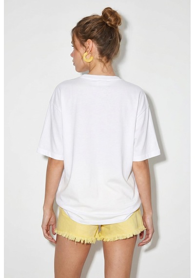 Shade Kadın Bisiklet Yaka Kedi Baskılı Oversize %100 Pamuk T-shirt Öt100006 60286274 - Beyaz