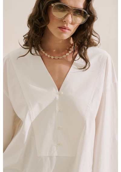 Manuka Poplin Geniş Kol V Yaka Gömlek Ekru Ss26gml00023-01 No