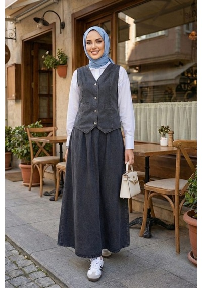 Hb Harma Time Butik Kadın Düğmeli Ve Cepli Kot Siyah Tunik Etek İkili Takım