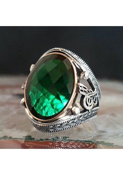 925 Ayar Gümüş Yeşil Zirkon Taşlı Tuğra Model Erkek Yüzük Gümüş