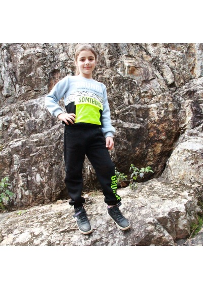 Milenawear by Milena Grunde Nakışlı Bisiklet Yaka Cepli Kalın Kız Çocuk Alt Üst Takım Mavi