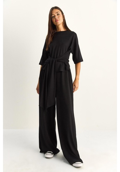 Shade Kadın Belden Bağlamalı Basic T-shirt Bol Paça Pantolon Alt-üst Modal Takım 4114 60286087 - Siyah