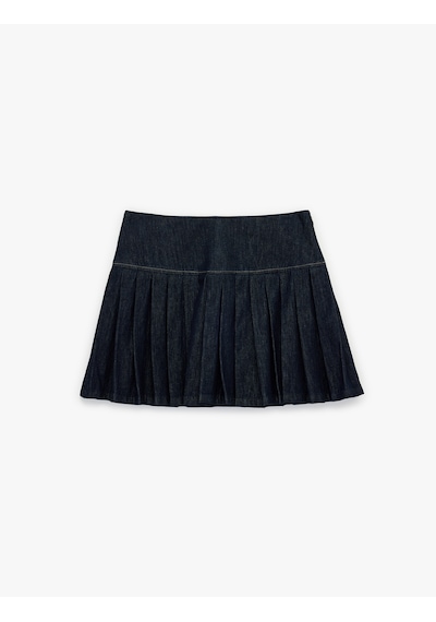 Koton Pamuklu Rahat Kesim Pileli Mini Denim Etek Koyu İndigo 6sal70021md