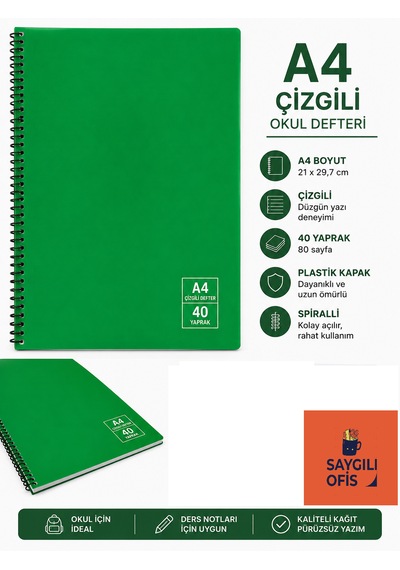 Saygılıofis 40 Yaprak A4 Spiralli Pp Kapak Çizgili Defter Yeşil