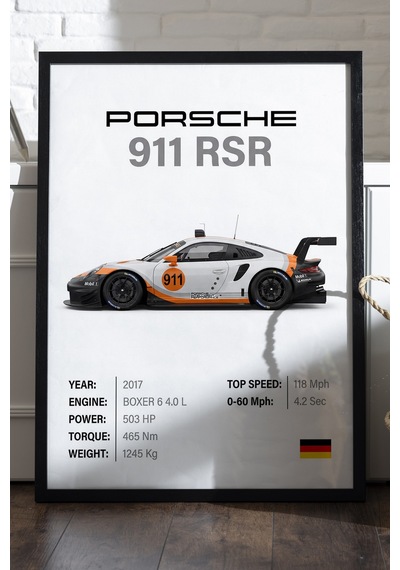 Porsche 911 Rsr Siyah Ahşap Çerçeveli Poster, Dekoratif Araba Duvar Tablosu