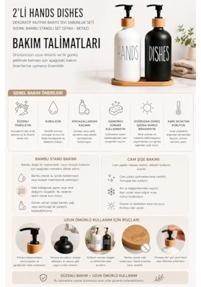 2'li Hands Dishes Siyah Beyaz Cam Sıvı Sabunluk Seti 500 Ml, Bambu Standlı Dekoratif Mutfak &amp Amp Banyo Sabunluk Diğer