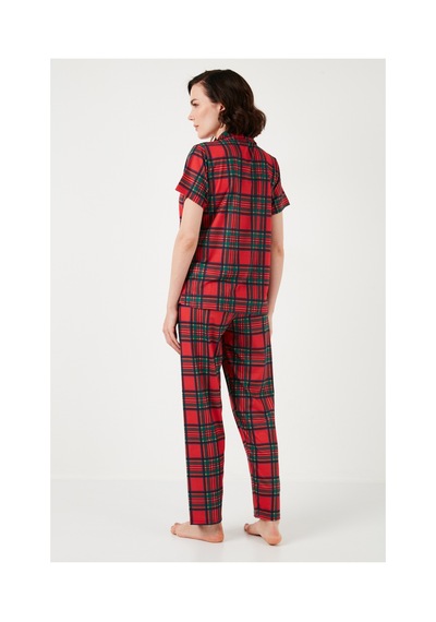 Lela Desenli Kısa Kollu Beli Lastikli Gömlek Yaka Dokuma Regular Fit Bayan Pijama Takımı 6571010 Kırmızı-Siyah
