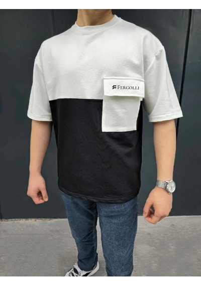 Erkek Tişört Torba Cepli Parçalı Kısa Kol T-shirt - Siyah