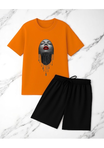 Uyguntarz Unisex Pırlantalı Kadın Portresi Tasarım Basklı Tshirt Şort Takımı Turuncu