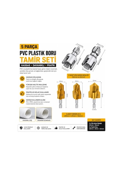 5 Parça Pvc Plastik Boru Tamir Seti 20-25-32 Mm İç Dış Diş Açma Ve Boru Onarım Matkap Ucu Seti