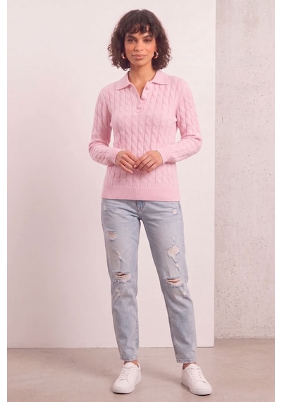 Soft&basic Kadın Düğmeli Triko Kazak Yumuşak Dokulu Saç Örgü Rahat Kalıp Pembe