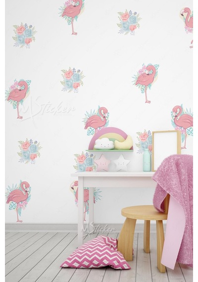 Filamingolar Ve Soft Renkli Çiçekler Çocuk Bebek Odası Duvar Cam Dolap Sticker Seti