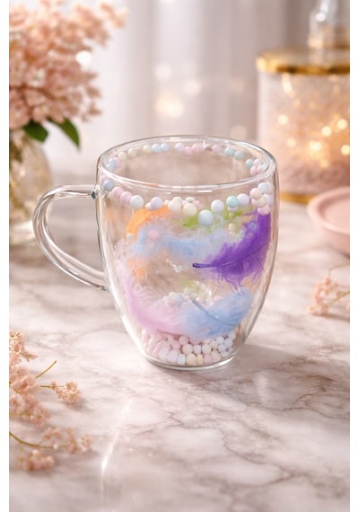Makri Home Boncuklu Tüylü Çift Cidarlı Cam Kupa, 350 Ml, 11 Cm X 8 Cm Çok Renkli