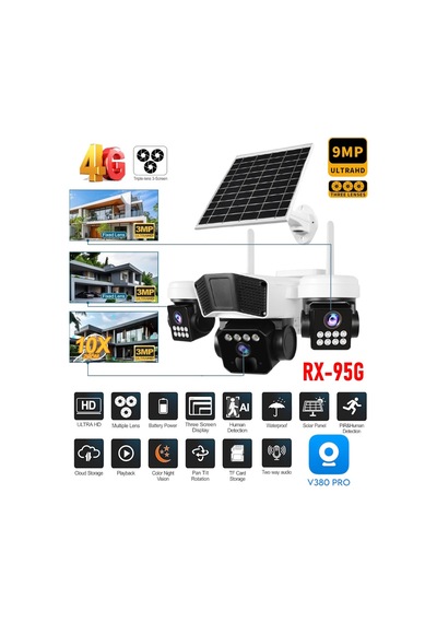 Ultimate V380 Pro Rx-95g 9mp 3+3+3 Üç Kameralı Ultrahd 4g Güneş Enerjili Akıllı Güvenlik Kamerası