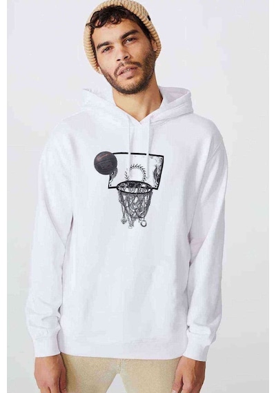Basketbol Top Pota Baskılı Beyaz Erkek Kapşonlu Sweatshirt