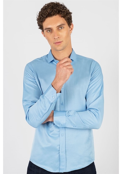 Tudors Modern Slim Fit Dar Kesim Düz Erkek Gömlek-23905 Mavi