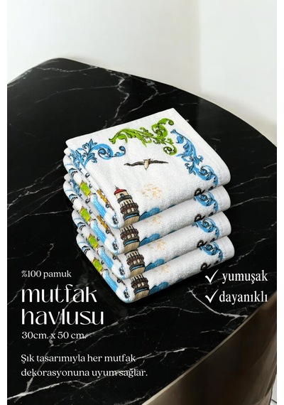 4lü Paket Baskılı Beyaz Mutfak Havlusu Modeli Kelebekli Ev