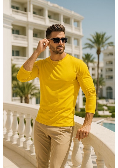 Rich Erkek Uzun Kollu Bisiklet Yaka Tişört - %100 Pamuk Basic Relaxed T-shirt Sarı