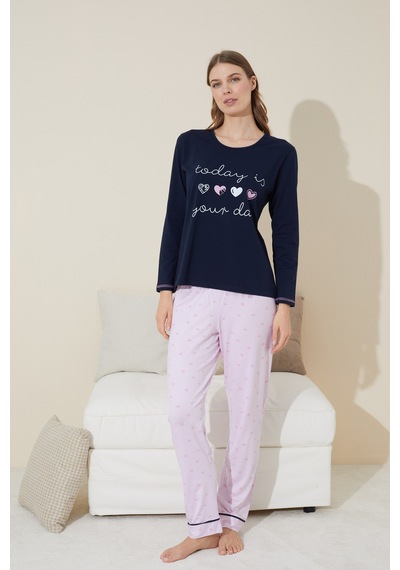 Siyah İnci Pamuklu Örme Pijama Takım 24240096 Lacivert