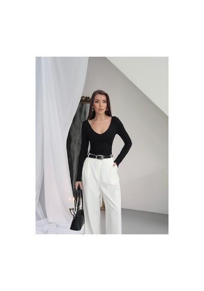 Paw Garage Kadın V Yaka Polyamid Bodysuit Sıyah