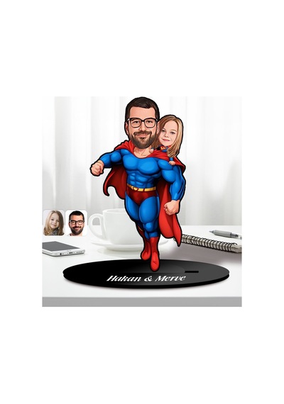 Bk Gift Kişiye Özel Süper Baba-çocuk Karikatürlü Ahşap Biblo-3, Babalar Günü Hediyesi, Babaya Hediye Kobitmeyencom31606 Bk Gift
