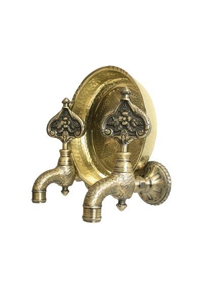 Fkn İkili Sarı Hamam Taslı Desenli Perlatörlü Antik Osmanlı Musluk Bronz