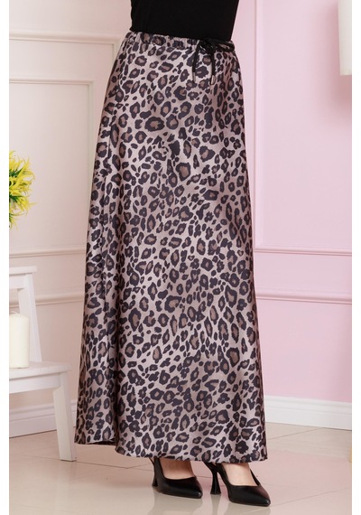Sevitli Beli Bağcıklı Leopar Desenli Etek-vizon-4713 Vizon