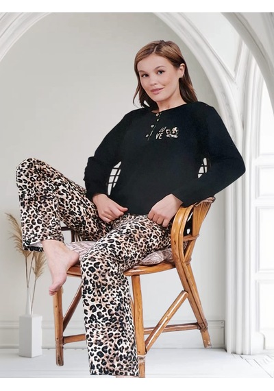 Miss Melina Büyük BedenPamuk Uzun Kol Kadın Pijama Takımı Leopar Siyah