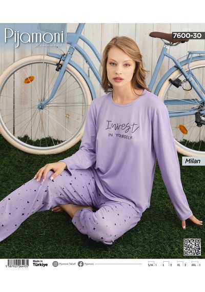 Pijamoni Kadın Milan Bisiklet Yaka Uzun Kol İnce Pijama Takımı 7600/30 - 1 Adet Lila