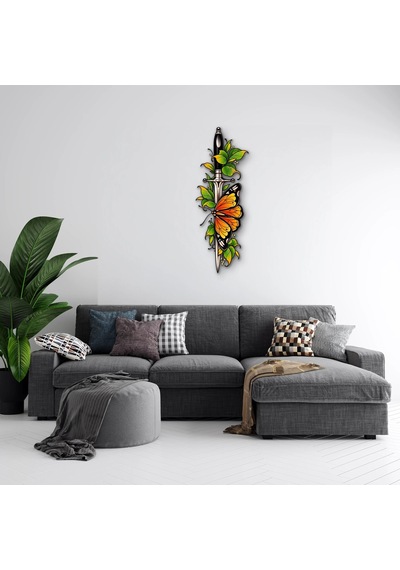 Antik Bıçak, Yapraklar Ve Kelebek - Metal Tablo - Dec0269 27 X 75 Cm Çok Renkli