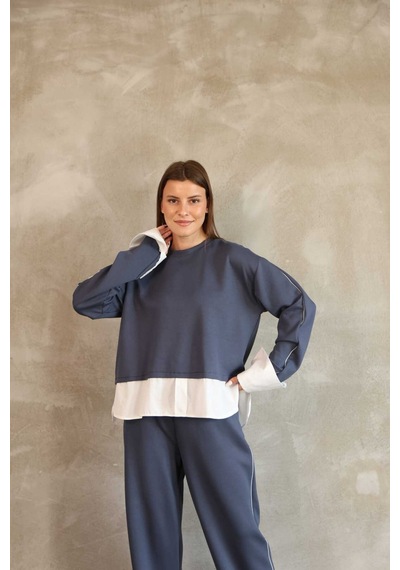 Evoa Kadın Mavi Oversize Gömlek Ve Biye Detaylı İkili Takım İndigo