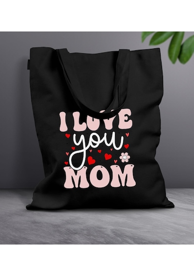 Bk Gift Anneler Günü Tasarımlı Siyah Kumaş Bez Çanta, Baskılı Omuz Çantası, Alışveriş Çantası, Anneler Günü Hediyesi, Anneye Hediye-2 Siyah