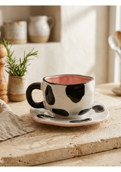 Seramik Tabaklı Handmade Tasarımlı Kupa - Renk Seçenekli İnek Desenli Renkli