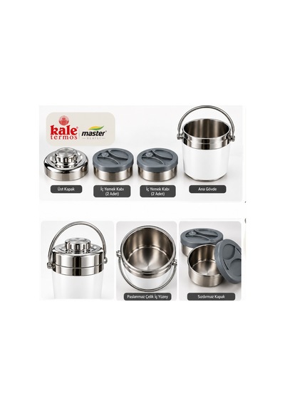 Kale Master 1,2 L Çelik Yemek Termosu Beyaz, 2 Kaplı Paslanmaz Çelik Sefer Tası, Sıcak Soğuk Yemek Taşıma Termosu-505