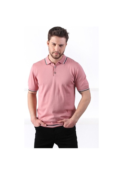 Ferraro Gül/Beyaz Yaka Şerit Düğmeli Erkek Pamuk Triko T-Shirt