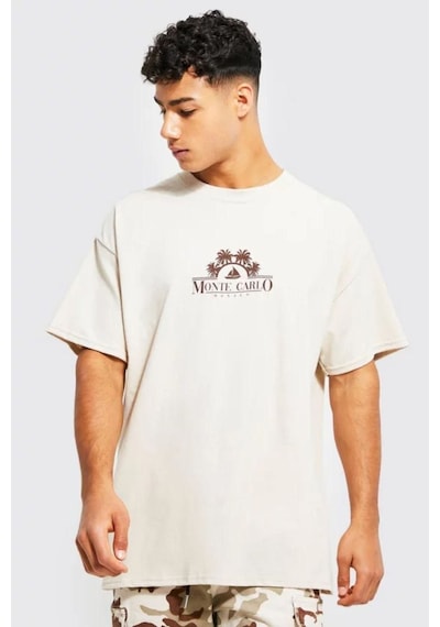 Altamira Erkek Bej Monte Carlo Baskılı Oversize Tshirt 001