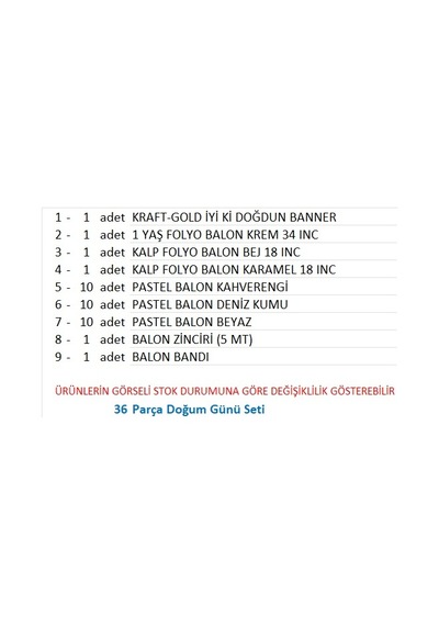 Kraft Gold Banner 1 Yaş Folyo Kalpli 30 Balon Konsept Doğum Günü Seti