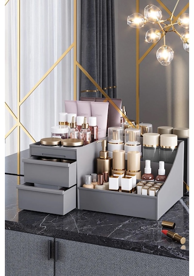 Maxi Home Elegance Makyaj Organizer Beyaz Çekmeceli Kozmetik Düzenleyici Masaüstü Parfüm Ve Takı Organizer Gri