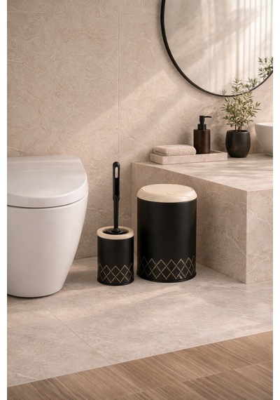 Geometrik Zikzak Desenli 2'li Banyo Seti Siyah
