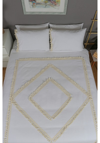 Dnc Home Tekstil Ndchome Beyaz Pamuk Keten Tek Kişilik Mozaik Ponponlu Yedek Yastıklı Nevresim Takımı